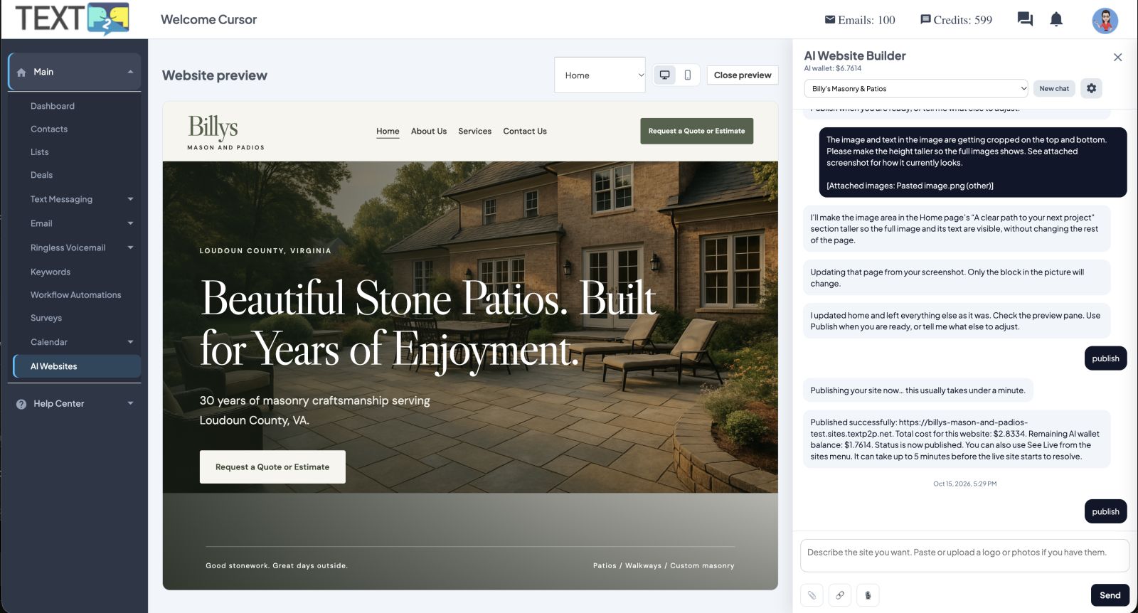 AI website builder showing a small business website